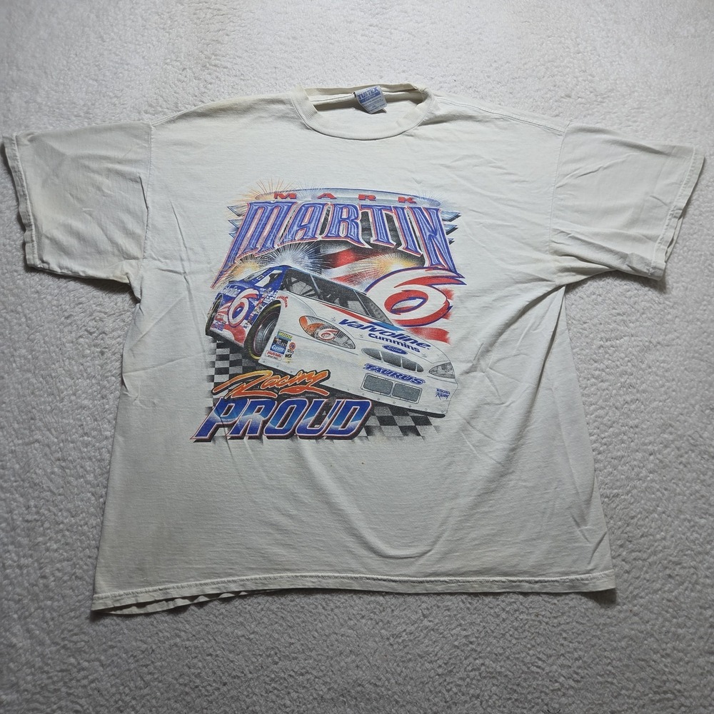 VINTAGE MARK MARTIN NASCAR ALL-OVER DOUBLE SIDED TSHIRT 2X Faded Stained